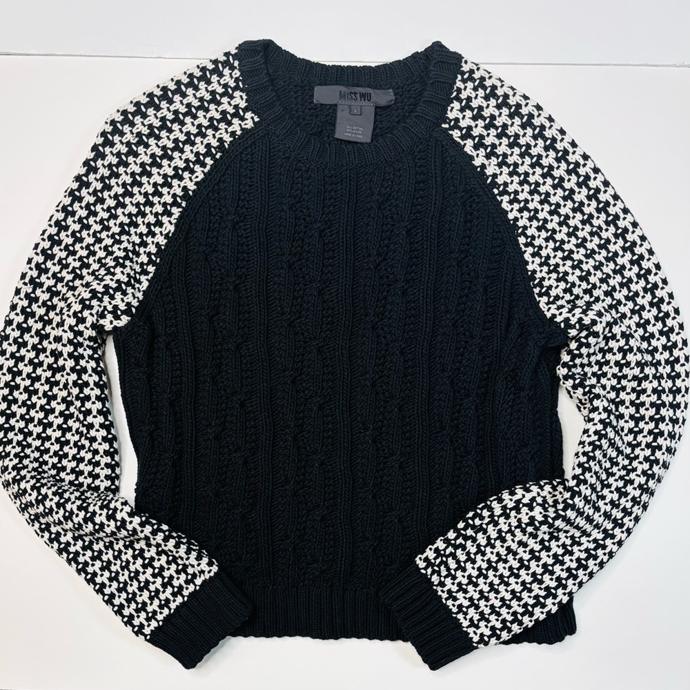 Miss Wu Jason Wu Black White‎ Chunky Cable Knit Houndstooth Designer Sweater
